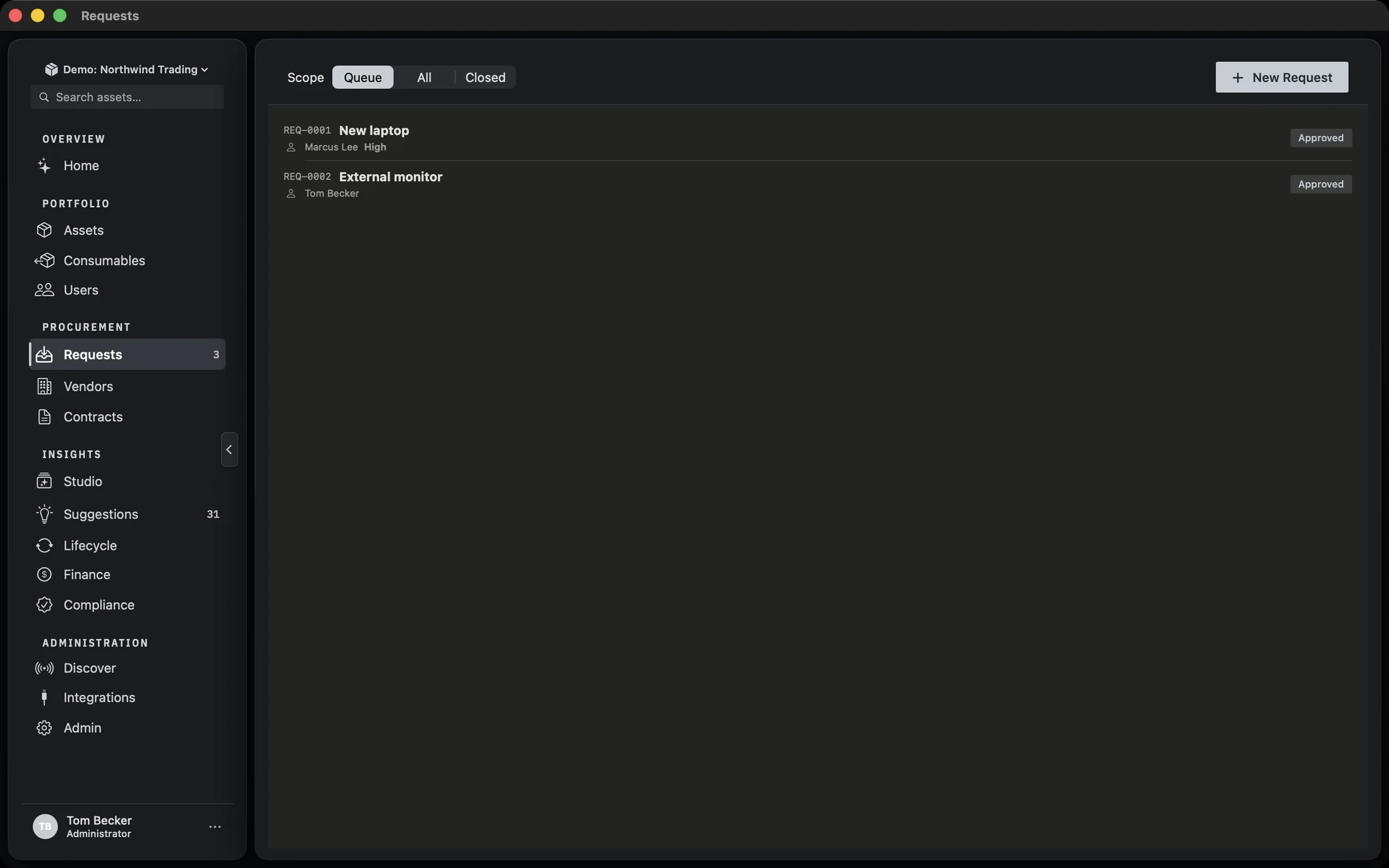 The Requests screen showing the Queue scope selected, a New Request button, and a list of tickets with their number, title, requester and state badge.