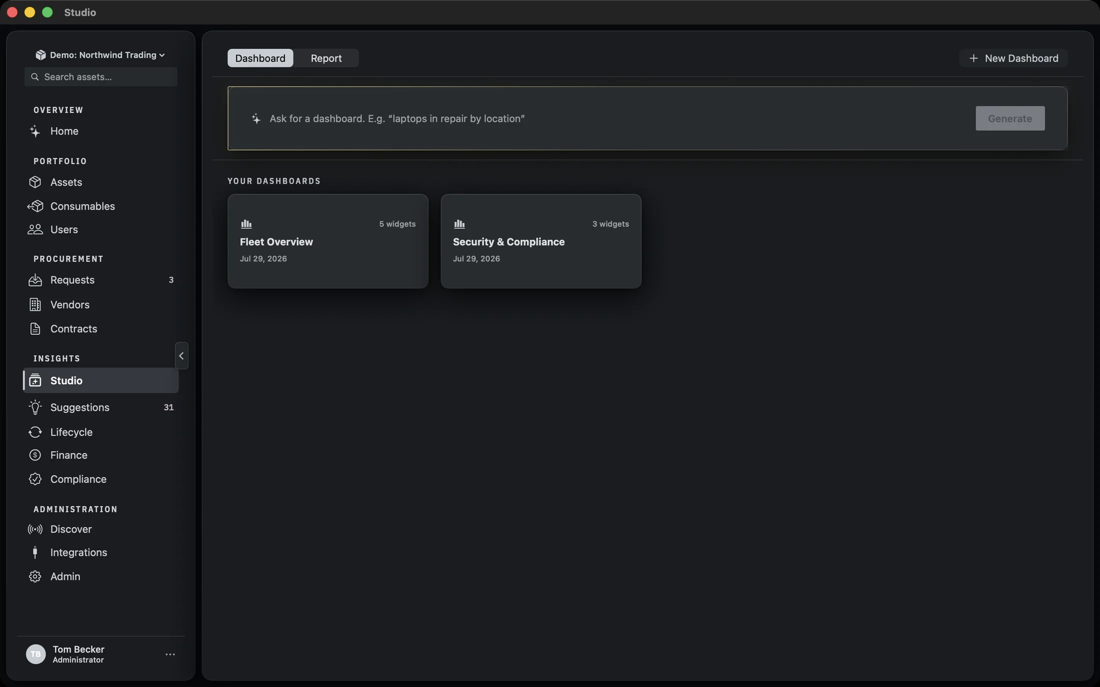 The Studio screen with the Dashboard and Report toggle at the top, the prompt bar reading Ask for a dashboard, and the empty dashboard library below.