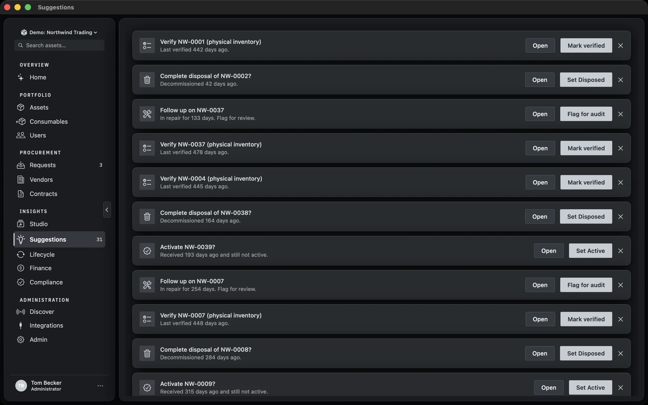 The Suggestions screen showing a stack of recommendation cards, each with an icon, a title, a detail line, an Open button, an action button and a dismiss cross.