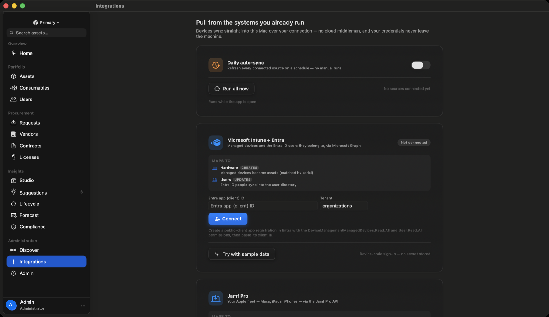 Manifest integrations screen showing Intune and Entra sync with explicit mapping